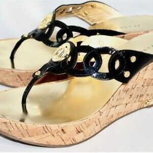 Ivanka Trump Black Patent Leather Gold Embellishment Chic Modern Wedge Sandals